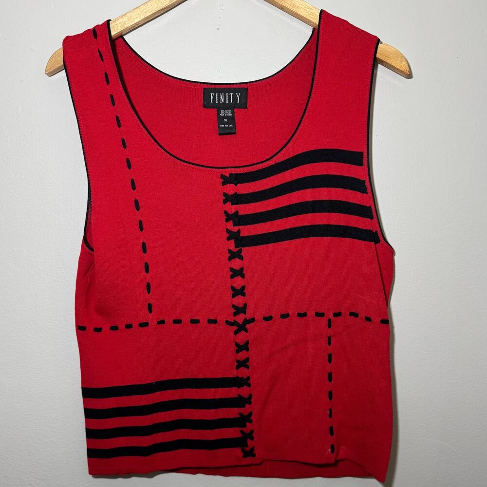 Vintage Finity Red Knit Tank Top Patchwork Design Black Contrast Y2K 90s XL